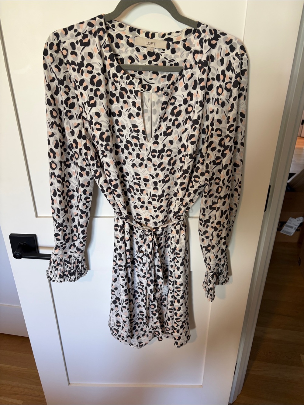LOFT Leopard Print Tie-Waist Mini Dress - Cream, Black & Tan